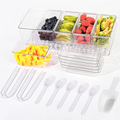 JOCHER Ice Chilled Condiment Caddy with 5 Containers(2.5 cup), Condiment Server with Separate Lids, Serving Tray Platter with Removable Dishes for Bar Accessories, Fruit, Salad, Taco, Party Garnish