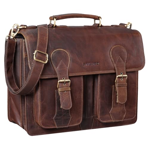 STILORD Kronos Maletín Cuero Vintage Cartera XL para Profesor Trabajo o Negocios Bolsa Bandolera Portátil de 15,6 Pulgads acoplable Piel Auténtica Color:Florida - marrón