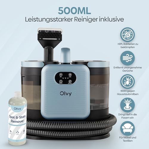 Olvy Teppichreiniger PRO – Nasssauger Polsterreiniger mit Dampf – 100°C Steam Cleaner – Sofa Reiniger Gerät – Polster Sauger Nass – inkl. Reinigungsmittel – 1650W – Matratzenreiniger