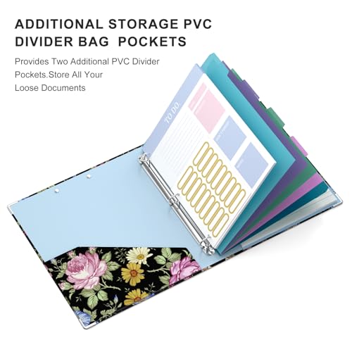 Image of 3 Ring Binder, 0.75 Inch Binder Organizer with 5 Tab Dividers, File Folder Labels, A4 Memo Pad & to Do List Planners for Women, Men, School Supplies and Office Supplies, Flowers