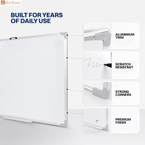 Image of Bonkaso Magnetic Dry Erase Whiteboard 90 x 60 cm with Aluminium Frame, Movable Marker Tray, 2 Markers, Eraser & 6 Magnets, Wall-Mounted Writing Board for Home Office School Classroom