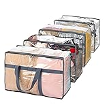 Fixwal 4 Pack Clear Blanket Clothes Storage 60L Moving Totes with Reinforced Handles Transparent Space Saver Containers Closet Organizer Vinyl Bag for Bedding Sets Duvet Cover (4 Pack, Gray)