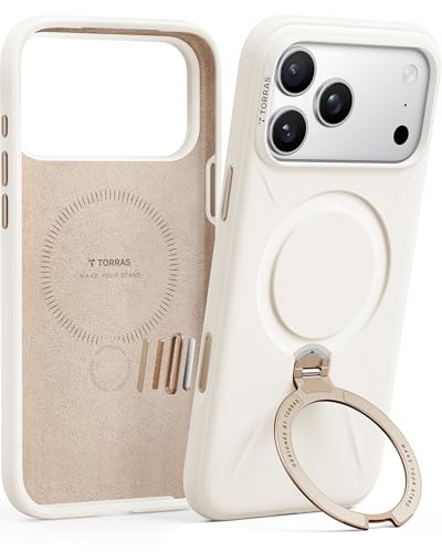 TORRAS Q3 Silicone for iPhone 17 Pro Case with Stand Fit for MagSafe Magnetic 360 Spin Kickstand with Camera Control Liquid Silicone Rubber Soft Phone Case for iPhone 17 Pro Light Ivory