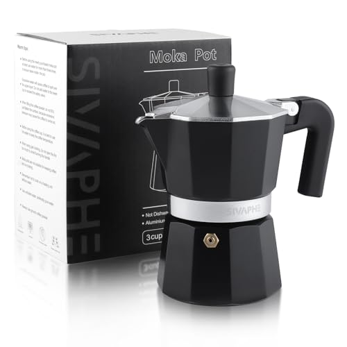 Sivaphe Olla Moka de aluminio con 3 tazas de espresso, cafetera y espresso percoladora, cafetera portátil italiana y cubana para el hogar y camping, color negro