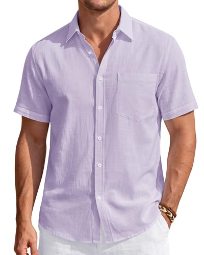 Image of J.VER Mens Linen Shirt Short Sleeve Button Down Casual Summer Shirts | Cotton Linen, Untucked, Big Tall, from Beach Camp Vacation, Cruise Fishing, Work Office, to Wedding Party Family, with Pocket