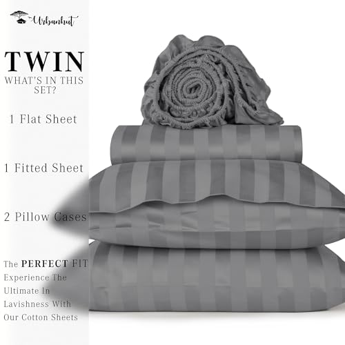 URBANHUT 800 Thread Count Egyptian Cotton Twin Size Damask Striped Sheets Set (4 Pc) - Ultra Soft & Smooth, Thick & Crisp Sateen Weave Twin Bedsheets, Fits Upto 16" Mattress - Dark Grey