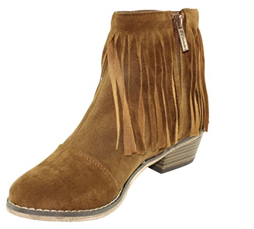Breckelle's Women's Dorado-18 Faux Suede Almond Toe Block Stacked Heel Fringe Trim Ankle Booties (6.5, Tan)