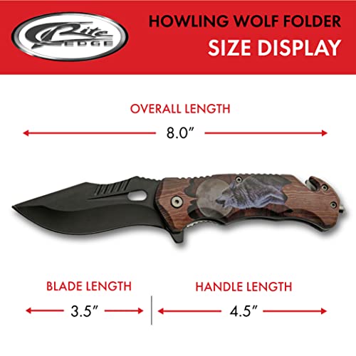 SZCO 4.75" Howling Wolf Folding Pocket Knife –Folding Knife for Men with 3.5" Black Blade, Seat Belt Cutter, Glass Breaker & Belt Clip for Outdoor, EDC, Hunting & Camping