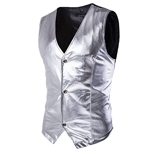 Chaleco vintage de PVC efecto cuero con cuello en V color plata brillante de fiesta XL