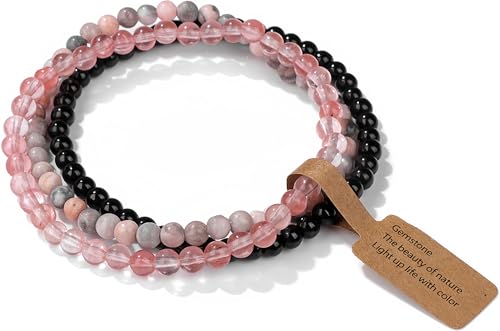 Bracelet en améthyste naturelle pour femme - Design à trois rangées avec pierres de guérison de 4 mm - Bijou d'énergie positive - Élégant bracelet de perles pour le quotidien et cadeau (Style 17)