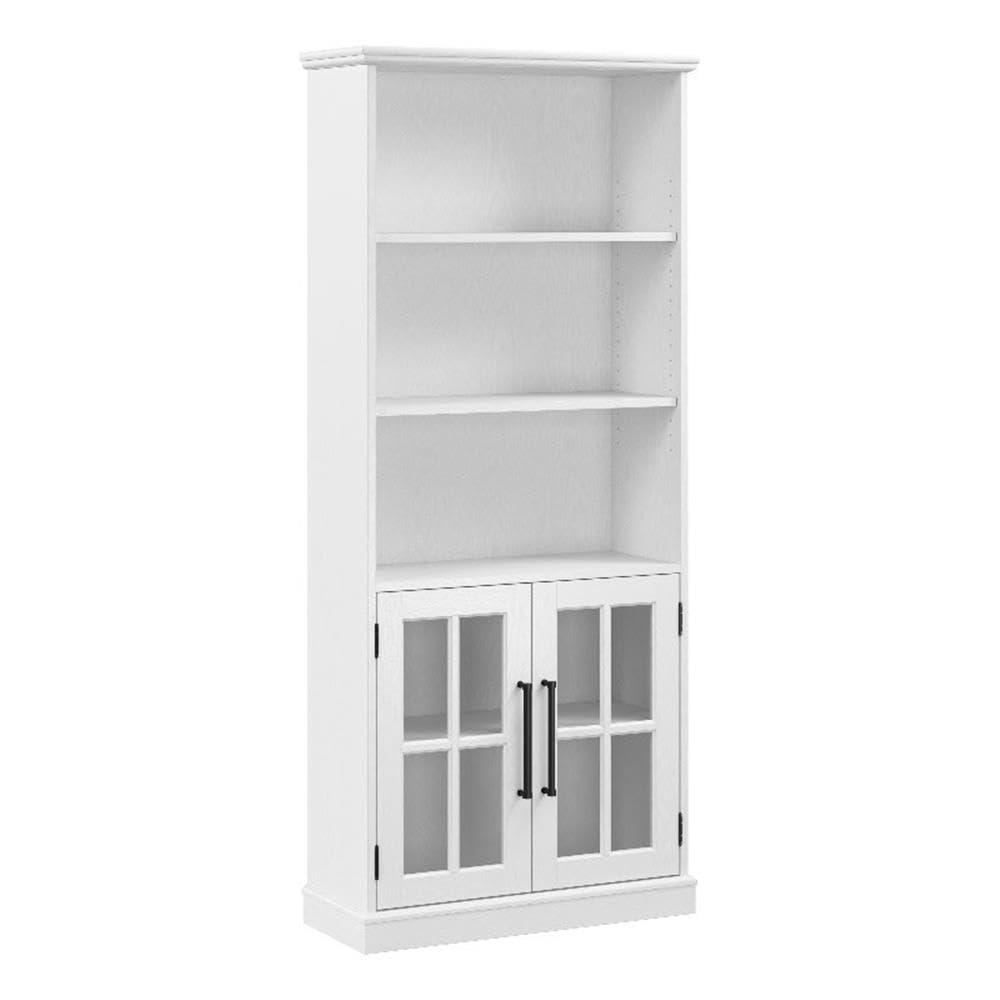 Bush Furniture Westbrook Tall 5 Shelf Bookcase with Glass Doors in White Ash | Farmhouse Bookshelf Cabinet for Living Room and Home Office