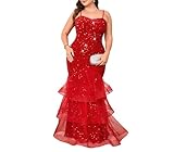dasmzper Women Sexy Sleeveless Sequin Mesh Patchwork Maxi Dress Red Plus Size Sling Cocktail Party Formal Gowns
