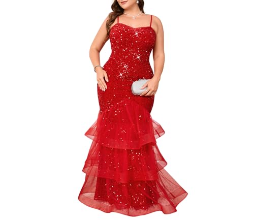 dasmzper Women Sexy Sleeveless Sequin Mesh Patchwork Maxi Dress Red Plus Size Sling Cocktail Party Formal Gowns
