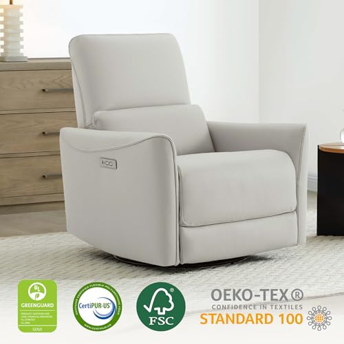Image of CHITA Power Recliner Chair, Swivel Nursery Glider, Faux Leather, Cream | FSC Certified Upholstery Rocking Chair, Power Lumbar Support, Reclining Chair for Living Room & Nursery