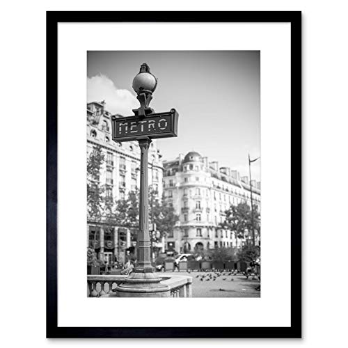 The Art Stop Photo Landmark Retro Metro Sign Paris France Black White Framed Print B12X8210
