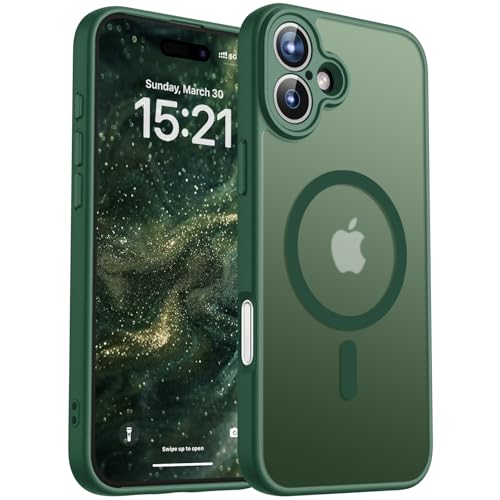 Funda para iPhone 16, Anillo Magnético Integrado, Compatible con Magsafe, [Fino Protección de La Cámara] Protección Según Caídas la Militar, Translúcida Mate Trasera, Verde Alpino
