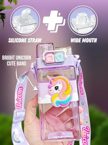 Image of PLUSPOINT Unicorn Water Bottle for Kids with Carry Strap to Hang Double drinking Caps Sipper Bottle with Straw & Wide Mouth Leakproof, BPA Free Tritan Water Bottle for School Kids 520ML (Purple)