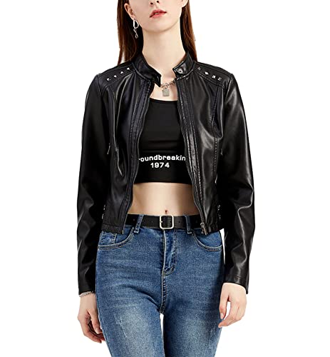 Easyoyo Jaqueta de Couro Falso Feminino para Motociclistas Casaco de Couro Slim PU Curto com Bolsos