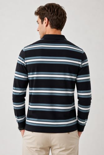 Image of SANE ORIGINALS Full Sleeves Polo Collar Tshirt for Men with Pocket || Stripe Collar and Pocket Tshirt for Men Long Sleeves Navy Blue