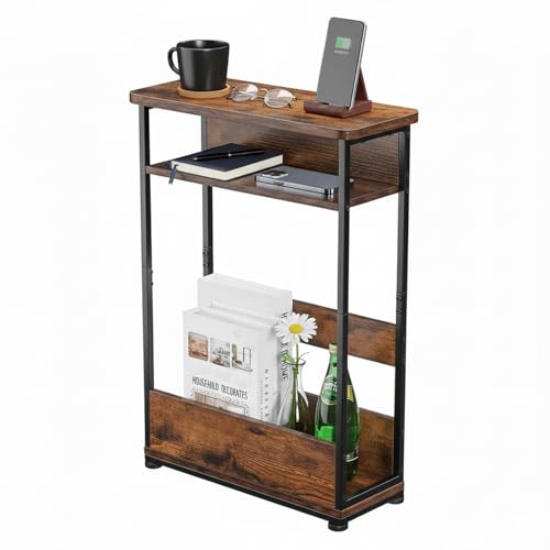 Mesa auxiliar estrecha vintage con estante de almacenamiento, mesa auxiliar delgada de 3 niveles, mesita de noche pequeña que ahorra espacio, mesa auxiliar fina rústica