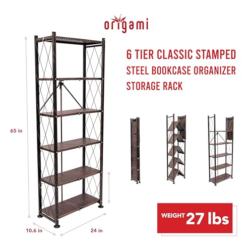 Image of Origami 6 Tier Classic Stamped Steel Bookcase Shelf Organizer Rack with 6 Storage Shelves for Decor, Vinyl Records, and Books, Bronze