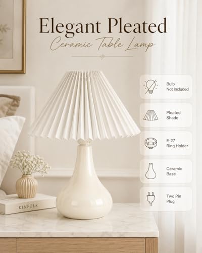 Image of Homesake Modern Small Ceramic Table Lamp, Classic Bedside Desk Lamp for Living Room Bedroom, Farmhouse Home Decor Nightstand Lamps Light with Fabric Pleated Shade, (White Pleated Shade)