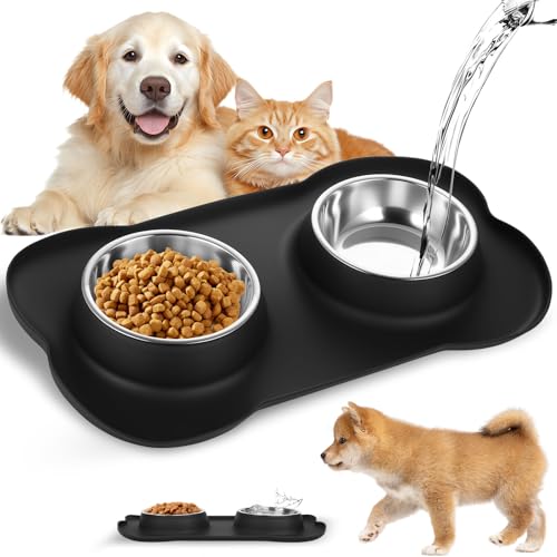 Set di Ciotole per Gatti e Cani, Doppia Ciotola per Gatti in Acciaio Inox, Ciotole Gatto, Tappetino Ciotola Cani per Cibo Secco e Umido, con Tappetino Antiscivolo in Silicone (36 x 21 cm)