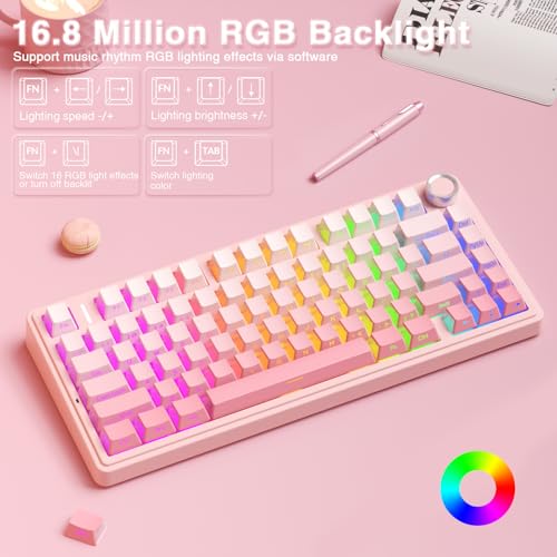 Image of AULA F75 Pro Wireless Mechanical Keyboard Silent Version,75% Hot Swappable Custom Keyboard with Knob,RGB Backlit,Pre-lubed Switches,Side Printed PBT Keycaps,2.4GHz /USB-C /BT5.0 PC Gaming Keyboards,Pink