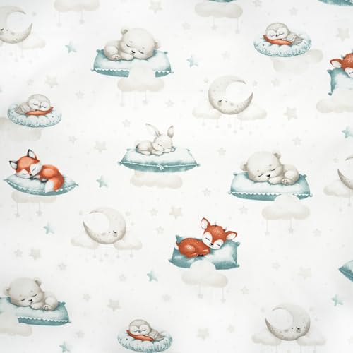 TexTrend Telas por Metro - Algodón - 1 Metro 160 x 100 cm - Tela para Costura - Niños - Animales Dormidos Blanco