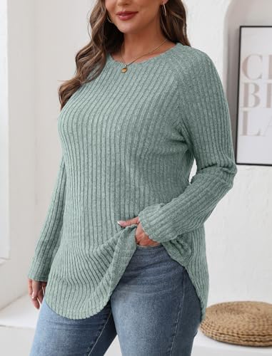 Image of Saloogoe Long Sleeve Shirts for Women 2025 Fall Clothes Tunic Tops Loose Fit Dressy Crewneck Pullover Sweaters Curved Hem