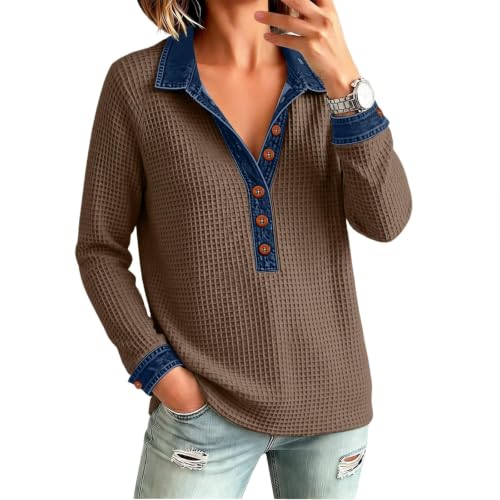 Waffle Knit Tops for Women Long Sleeve Denim Patchwork Fall Henley Shirts - image 3