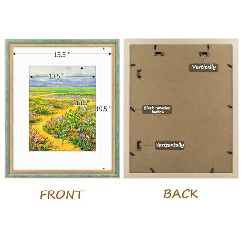 Image of Golden State Art,16x20 Ornate Picture Frame Holds 11x14 Photo,Blue Gold | Includes plexiglass front,white mat,build-in hangers and buttons.Displays 11x14 photo on wall