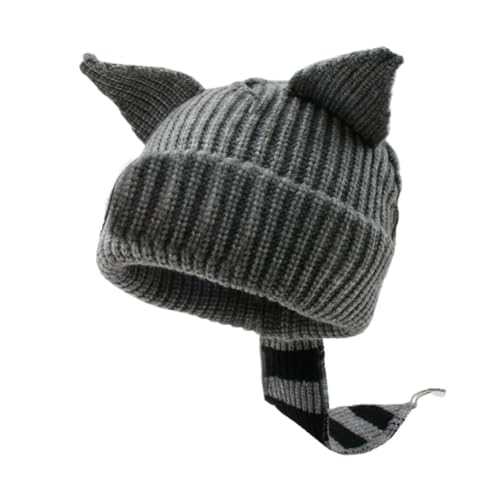 WUODHTW Strickmütze, niedlicher Hase, lange Ohren, lustige Mütze, flauschige Wintermütze, warm, Kaninchen, gehäkelt, Totenkopfmütze, Halloween, Hip-Hop-Mütze, Grau, Einheitsgröße