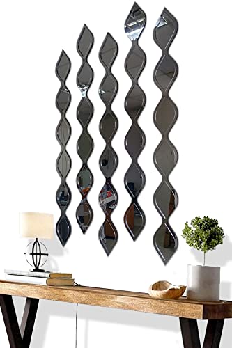 MDM Dizayn 5 Pièces Décor Naturel Goutte D'Eau Acrylique Mur Miroir Décoratif Design D'intérieur Miroir En Bois Bohème Décoration Murale pour La Maison Salon Chambre Décor (Argent), 92x60