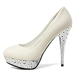 getmorebeauty Women's White Dress Shoes Heels Pumps Glitter Stiletto Wedding High Heels (US 7, White)