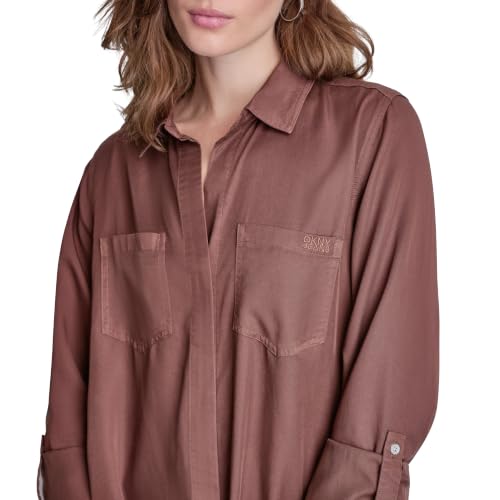 DKNY Women's Splitback Long Sleeve Button Down with Cuffed Sleeve, Chestnut, Medium by DKNY - Used condition - Image 2