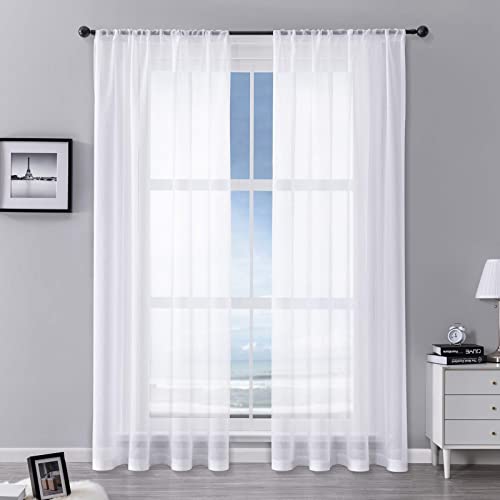 MRTREES Voile White Curtains 90 Inch Drop 2 Panels Voile Curtain Panel Rod Pocket for Door Bedroom Kitchen 46x90 Inch Drop Short Sheer Curtains 117cm x 228cm