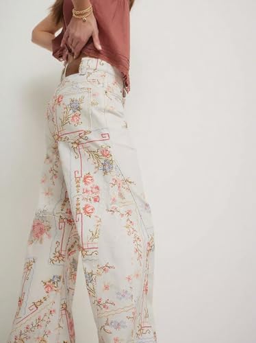 CHARTOU Women Floral Denim Wide Leg Pants High Waist Floor Length Baggy Barrel Jeans4