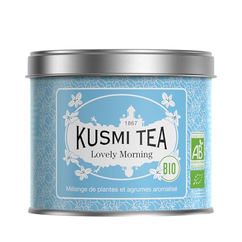 Kusmi Tea - Lovely Morning Bio - Mélange Bio de Thé Vert, Maté, Citron, Guarana, Pamplemousse et Orange - Thé Vert Aromatisé - Boîte Thé Métal 100g - Quantité pour environ 50 Tasses