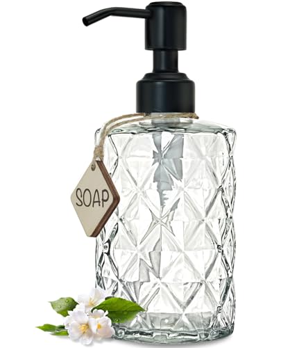 Image of JASAI Diamond Design 12 Oz Glass Soap Dispenser with Black Pump | Small Hand soap Dispenser with Rust Proof Pump, Bathroom Soap Dispenser for Hand Soap, Liquid Soap, Dish Soap.