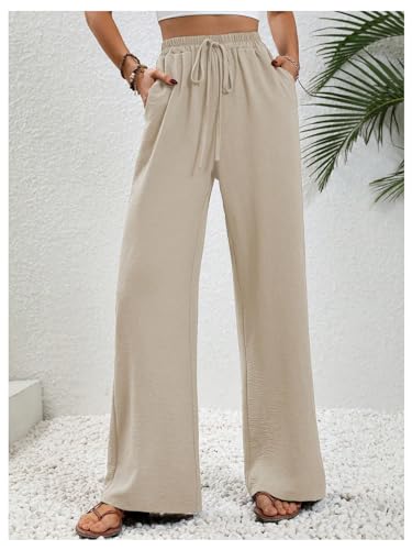 SOLY HUX Women's Elastic High Waisted Wide Leg Pants Tie Front Casual Long Trousers with Pockets3
