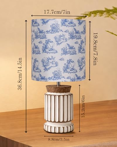 Image of Homesake Wooden Table Lamp | Handcrafted Bedside & Living Room Lamp | Bulb Included | Warm Light | Desk Nightstand Light, Decor Lamp for Bedroom, Study & Home Decor, (KD Blue Printed Drum)