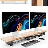 KIVY Dual Monitor Riser With Integrated Metal Shelf [MADE BY HAND] - Wooden Desk Shelf for 2 Monitors - Wide Long Stand for Desk (44 x10x3in - Oak)