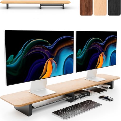 Image of KIVY Dual Monitor Riser With Integrated Metal Shelf [MADE BY HAND] - Wooden Desk Shelf for 2 Monitors - Wide Long Stand for Desk (44 x10x3in - Oak)