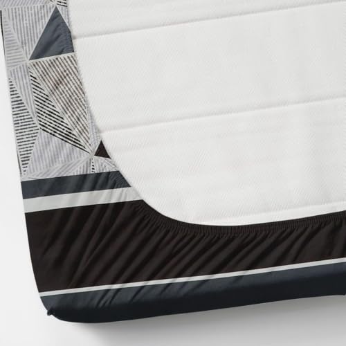 Image of Premium Cotton Fitted Bedsheet King Size 78 x 72 x 8 Inches with 2 Pillow Covers | 220 TC | All-Around Elastic Deep Pocket Bed Cover | Black Grey Taupe Geometric