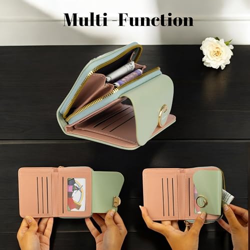 PRANIJ Small Leather Bifold Wallet for Women Fashion Compact Slim Credit Card Holder with Zipper Coin Pocket, Mini Clutch Purse for Girls (Pale Green) 4 41VampQah1L