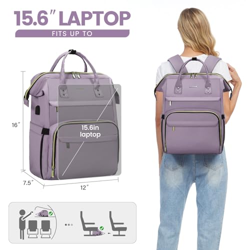 Image of LOVEVOOK Laptop Backpack for Women,15.6 Inch Professional Womens Travel Backpack Purse Computer Laptop Bag Nurse Teacher Backpack,Waterproof Work Bags Carry on Back Pack with USB Port,Light Purple