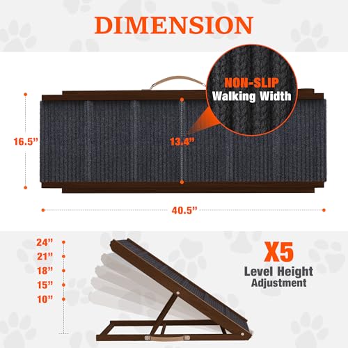 Adjustable Dog Ramp for Bed - Foldable Wooden Ramp for Dogs to Get on Bed, Couch, or Car with 13.4" Wide Walking Space (Walnut Wood with Gray Carpet, Medium) - Image 3