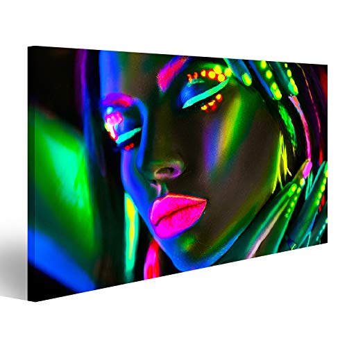Tableau Tableaux sur toile Femme mannequin de mode en néon Portrait d'une belle fille mannequin au maquillage fluorescent et coloré Impression Image Motif moderne Décoration Affiche Photo SAM Cover