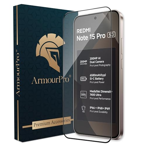 Image of ArmourPro Tempered Glass for Redmi Note 15 Pro - 9H Screen Protector with Black Border, Anti Scratch, Edge-to-Edge Coverage, HD Clarity, Smooth Touch, Case Friendly | Black